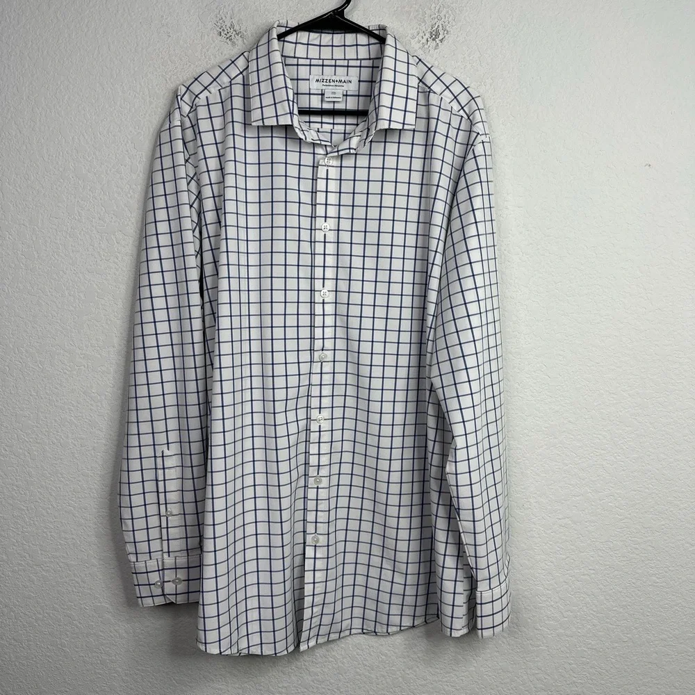 Mizzen+Main Shirt Mens XXL Trim Blue Plaid Grid Button Performance Career Preppy